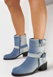 Niebieskie Botki w Stylu Biker ze Sprzączkami i Paskami Hannitra. Niebieskie botki damskie Born2be, bez wzorów, z jeansu, bez obcasa, na obcasie, bez zapięcia. Za 169.99 zł.