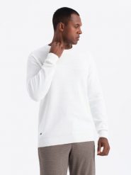 Sweter męski RELAXED FIT z dzianiny o diamentowym splocie – złamana biel V1 OM-SWSW-0110 - XXL. Swetry męskie Ombre Clothing, l, z aplikacjami, z bawełny, casualowe, bez kołnierzyka, bez ramiączek. W wyprzedaży za 69.99 zł.