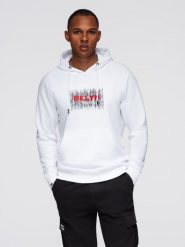 Męska klasyczna bluza kangurka z nadrukiem - biała V1 - Rozmiar: XXL. Białe bluzy męskie Ombre Clothing, m, bez wzorów, z bawełny, klasyczne, bez ramiączek, z kapturem. W wyprzedaży za 59.99 zł.