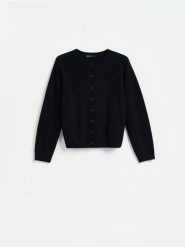 Wełniany kardigan - czarny. Czarne kardigany damskie Reserved, l, bez wzorów, z wełny, bez kołnierzyka. Za 179.99 zł.