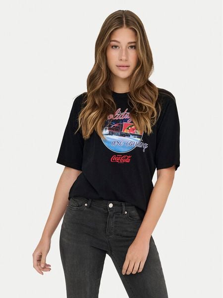 ONLY T-Shirt Coca Cola 15355794 Czarny Regular Fit. Czarne t-shirty damskie ONLY, m, bez wzorów, z bawełny, bez kołnierzyka, bez ramiączek. Za 59.99 zł.