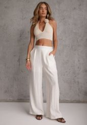 Beżowe Szerokie Spodnie Casual High Waist ze Strukturalnej Tkaniny Hyrarpia. Brązowe spodnie materiałowe damskie Renee, bez wzorów, z jeansu, casualowe, z podwyższonym stanem. Za 89.99 zł.