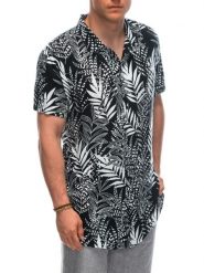 Wiskozowa wzorzysta męska koszula z krótkim rękawem OM-SHPS-0113 - czarna/biała V2 - XL. Czarne koszule męskie Ombre Clothing, l, bez wzorów, z materiału, klasyczne, bez kołnierzyka, bez ramiączek. W wyprzedaży za 69.99 zł.