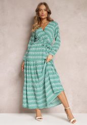 Zielona Sukienka Rozkloszowana z Gumką w Pasie Kefem. Zielone sukienki damskie Renee, na spotkanie biznesowe, l, bez wzorów, z materiału, boho, bez kołnierzyka, bez ramiączek, maxi, kopertowe. Za 99.99 zł.