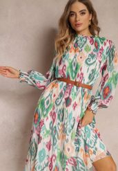 Zielona Rozkloszowana Sukienka z Plisowaniem i Paskiem Thelosine. Zielone sukienki damskie Renee, na imprezę, l, bez wzorów, bez kołnierzyka, bez ramiączek, midi, rozkloszowane. Za 129.99 zł.