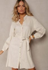 Beżowa Sukienka Koszula z Haftowanym Rękawem Wiązana w Pasie Passacalia. Brązowe koszule damskie Renee, na co dzień, l, bez wzorów, z materiału, eleganckie, bez kołnierzyka, bez ramiączek, mini, dopasowane. Za 159.99 zł.
