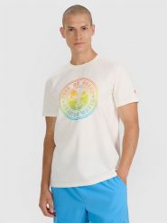 4F T-shirt regular z nadrukiem męski - beżowy M. Brązowe t-shirty męskie 4F, m, bez wzorów, z bawełny, bez kołnierzyka, bez ramiączek. Za 69.99 zł.