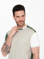 T-shirt męski z elastanem z kolorowymi rękawami - zielony V5 OM-TSCT-0176 - XL. Zielone t-shirty męskie Ombre Clothing, l, bez wzorów, z bawełny, bez kołnierzyka, bez ramiączek. W wyprzedaży za 39.99 zł.