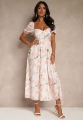 Różowa Sukienka z Bufiastymi Rękawami w Kwiaty Zerana. Czerwone sukienki damskie Renee, na imprezę, na lato, m, bez wzorów, eleganckie, bez kołnierzyka, bez ramiączek, midi. Za 149.99 zł.