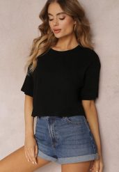 Czarny T-shirt o Fasonie Cropped Oversize Brighta. Czarne t-shirty damskie Renee, l, bez wzorów, eleganckie, bez kołnierzyka, bez ramiączek. Za 29.99 zł.