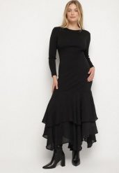 Czarna Sukienka z Wiskozą o Dopasowanym Kroju z Falbanami u Dołu Vebmara. Czarne sukienki damskie Born2be, na randkę, m, bez wzorów, z materiału, eleganckie, bez kołnierzyka, bez ramiączek, maxi, dopasowane. Za 169.99 zł.