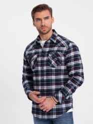 Męska flanelowa koszula w kratę z kieszeniami - granatowo-czerwona V2 - Rozmiar: S. Czerwone koszule męskie Ombre Clothing, m, bez wzorów, z bawełny, klasyczne, bez kołnierzyka, bez ramiączek. W wyprzedaży za 79.99 zł.