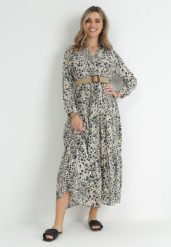 Szara Sukienka Maxi w Cętki z Gumą w Pasie i Plecionym Paskiem z Klamrą Anandra. Szare sukienki damskie Born2be, l, bez wzorów, z gumy, bez kołnierzyka, bez ramiączek, maxi, kopertowe. Za 149.99 zł.