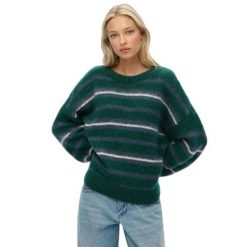 Sweter w paski z miękkiej dzianiny dla kobiet Superdry. Zielone swetry nierozpinane damskie Superdry, na zimę, bez wzorów, z dzianiny, bez kołnierzyka, bez ramiączek. Za 288.40 zł.