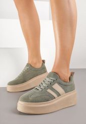 Zielone Sneakersy Kultowe Tenisówki na Platformie z Koturnem Elisara. Zielone trampki i tenisówki damskie Born2be, bez wzorów, z jeansu, bez zapięcia. Za 119.99 zł.