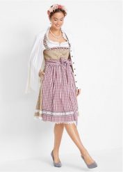 Sukienka ludowa z fartuchem, długość do kolan. Brązowe sukienki damskie bonprix, bez wzorów, bez kołnierzyka, bez ramiączek, midi. Za 489.99 zł.