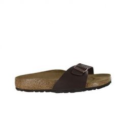 Klapki damskie Birkenstock Madrid BF. Brązowe klapki damskie Birkenstock, na lato, bez wzorów, z jeansu, casualowe, bez obcasa, bez zapięcia. Za 307.75 zł.