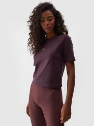 4F T-shirt slim cropped damski - fioletowy L. Fioletowe t-shirty damskie 4F, l, bez wzorów, z bawełny, sportowe, bez kołnierzyka, bez ramiączek. W wyprzedaży za 29.99 zł.