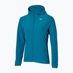 Kurtka do biegania damska Mizuno Alpha Jacket. Niebieskie kurtki sportowe damskie Mizuno, bez wzorów, bez ramiączek, bez kaptura, do biegania. Za 199.99 zł.