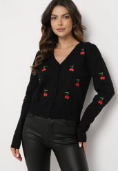 Czarny Kardigan z Wyhaftowanymi Wisienkami Niralia. Czarne kardigany damskie Born2be, s, bez wzorów, z jeansu, eleganckie, bez kołnierzyka. Za 129.99 zł.