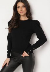 Czarny Sweter z Dodatkiem Wiskozy z Bufiastymi Rękawami i Guzikami Gavinivia. Czarne swetry nierozpinane damskie Born2be, z aplikacjami, z jeansu, eleganckie, bez kołnierzyka, bez ramiączek. Za 99.99 zł.