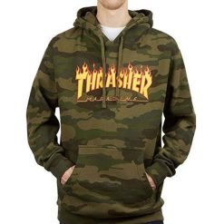 Bluza z kapturem Thrasher Flame Logo Hoodie Camo. Zielone bluzy damskie Thrasher, bez wzorów, z kapturem, do koszykówki. Za 289.00 zł.