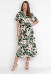Czarno-Zielona Sukienka Phrixephila. Zielone sukienki damskie Born2be, na lato, bez wzorów, z materiału, bez kołnierzyka, bez ramiączek, midi, kopertowe. Za 29.99 zł.