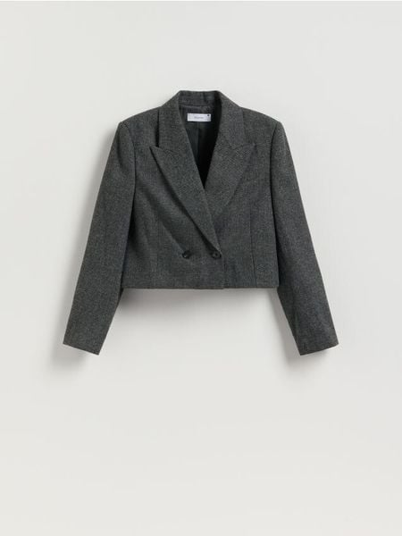 Krótka marynarka - ciemnoszary. Szare marynarki i żakiety damskie Reserved, bez wzorów, z tkaniny, bez kołnierzyka, bez ramiączek. Za 229.99 zł.