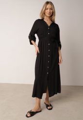 Czarna Bawełniana Sukienka Koszulowa w Stylu Safari z Wiązanym Paskiem Atusea. Czarne sukienki damskie Born2be, na co dzień, l, bez wzorów, z bawełny, casualowe, bez kołnierzyka, bez ramiączek, maxi, koszulowe. Za 159.99 zł.