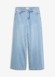 Jeansy wide leg, mid waist. Niebieskie jeansy damskie bonprix, bez wzorów, z jeansu. Za 84.99 zł.
