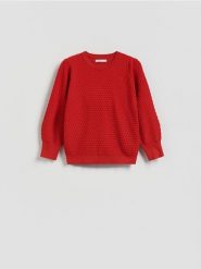 Sweter z bufiastym rękawem - czerwony. Czerwone swetry nierozpinane damskie Reserved, l, bez wzorów, z dzianiny, bez kołnierzyka, bez ramiączek. Za 99.99 zł.