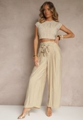 Beżowe Wiskozowe Spodnie High Waist o Szerokim Kroju Aranisa. Brązowe spodnie materiałowe damskie Renee, z aplikacjami, z jeansu, eleganckie, z podwyższonym stanem. Za 59.99 zł.