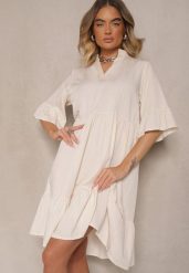 Beżowa Rozkloszowana Sukienka z Wiskozą i Falbanami Eviranna. Brązowe sukienki damskie Renee, na co dzień, na lato, bez wzorów, z wiskozy, eleganckie, bez kołnierzyka, bez ramiączek, midi, rozkloszowane. Za 59.99 zł.