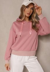 Różowa Bluza z Kapturem Ozdobiona Ściągaczami i Metaliczną Nitką Ulisiela. Czerwone bluzy damskie Renee, l, bez wzorów, z jeansu, casualowe, bez ramiączek, z kapturem. Za 69.99 zł.
