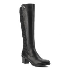Czarne Kozaki Rieker Modne Obuwie Damskie. Czarne kozaki damskie Rieker, bez wzorów, ze skóry, bez obcasa, na obcasie, bez zapięcia. Za 416.99 zł.