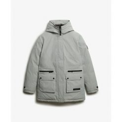 Parka dla kobiet Superdry City. Szare parki damskie Superdry, bez wzorów, z puchu, bez kaptura. W wyprzedaży za 750.90 zł.