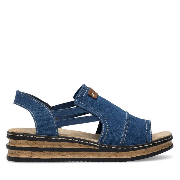 Sandały Rieker. Niebieskie sandały damskie Rieker, bez wzorów, bez obcasa, na koturnie, bez zapięcia. Za 319.99 zł.