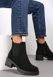 Czarne Botki na Słupku Ruiha. Czarne botki damskie Renee, bez wzorów, z jeansu, eleganckie, bez obcasa, na płaskiej podeszwie, bez zapięcia. Za 129.99 zł.