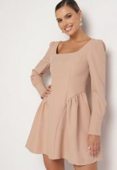 Beżowa Sukienka Rozkloszowana z Kwadratowym Dekoltem Enarel. Brązowe sukienki damskie Born2be, na co dzień, l, z aplikacjami, eleganckie, bez kołnierzyka, bez ramiączek, maxi, proste. Za 169.99 zł.