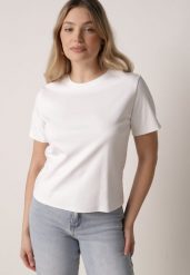 Biały Bawełniany T-shirt w Klasycznym Stylu Hetita. Białe t-shirty damskie Born2be, m, bez wzorów, z bawełny, casualowe, bez kołnierzyka, bez ramiączek. Za 69.99 zł.