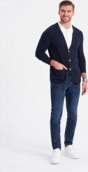 Ombre Męski sweter strukturalny kardigan z kieszeniami - granatowy V3 OM-SWCD-0109 M. Niebieskie swetry męskie Ombre, m, bez wzorów, bez kołnierzyka, bez ramiączek. Za 169.99 zł.