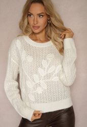 Jasnobeżowy Sweter Ozdobiony Kwiecistymi Aplikacjami z Domieszką Wełny Saiera. Brązowe swetry nierozpinane damskie Renee, m, z aplikacjami, z wełny, casualowe, bez kołnierzyka, bez ramiączek. Za 139.99 zł.