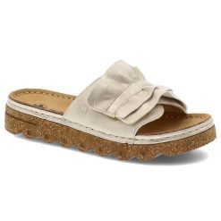 Klapki damskie Rieker, na platformie z eko skóry z wygodnymi wkładkami i ozdobnymi falbanami, beżowe, V8763-60. Brązowe klapki damskie Rieker, na lato, bez wzorów, ze skóry, eleganckie, bez obcasa, na platformie, bez zapięcia. Za 260.90 zł.