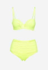 Jasnozielone Bikini Biustonosz na Cienkich Regulowanych Ramiączkach Majtki z Wysokim Stanem i Marszczeniem Ninamarie. Zielone bikini Born2be, z aplikacjami. Za 59.99 zł.