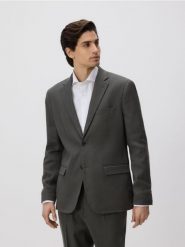 Marynarka slim fit z lnem - ciemnozielony. Zielone garnitury męskie Reserved, bez wzorów, z tkaniny. Za 399.99 zł.