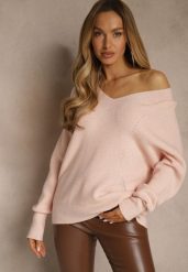 Jasnoróżowy Sweter z Dodatkiem Kaszmiru i Trójkątnym Dekoltem Silefera. Czerwone swetry nierozpinane damskie Renee, bez wzorów, z jeansu, casualowe, bez kołnierzyka, bez ramiączek. Za 99.99 zł.