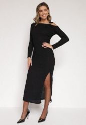 Czarna Dopasowana Sukienka z Metaliczną Ozdobą na Ramieniu Reilara. Czarne sukienki damskie Born2be, uniwersalny, z aplikacjami, eleganckie, bez kołnierzyka, bez ramiączek, dopasowane. Za 139.99 zł.