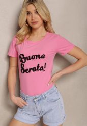 Różowy Casualowy T-shirt z Bawełny Wykończony Cyrkoniowym Napisem Lavisha. Czerwone t-shirty damskie Renee, l, bez wzorów, z bawełny, glamour, bez kołnierzyka, bez ramiączek. Za 34.99 zł.