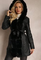 Czarna Kurtka do Kolan Płaszcz z Futerkiem i Wiązanym Paskiem Elowina. Czarne płaszcze damskie Renee, l, bez wzorów, bez kołnierzyka, bez kaptura. Za 259.99 zł.