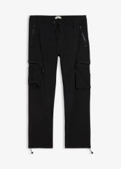 Spodnie bojówki, regular fit, z dużą ilością stretchu, straight. Czarne spodnie sportowe męskie bonprix, m, bez wzorów. Za 74.99 zł.